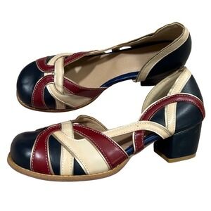 Retro Block Mod Heel Pump Sandal Navy Red Cream Vintage Style Euro Size 10.5